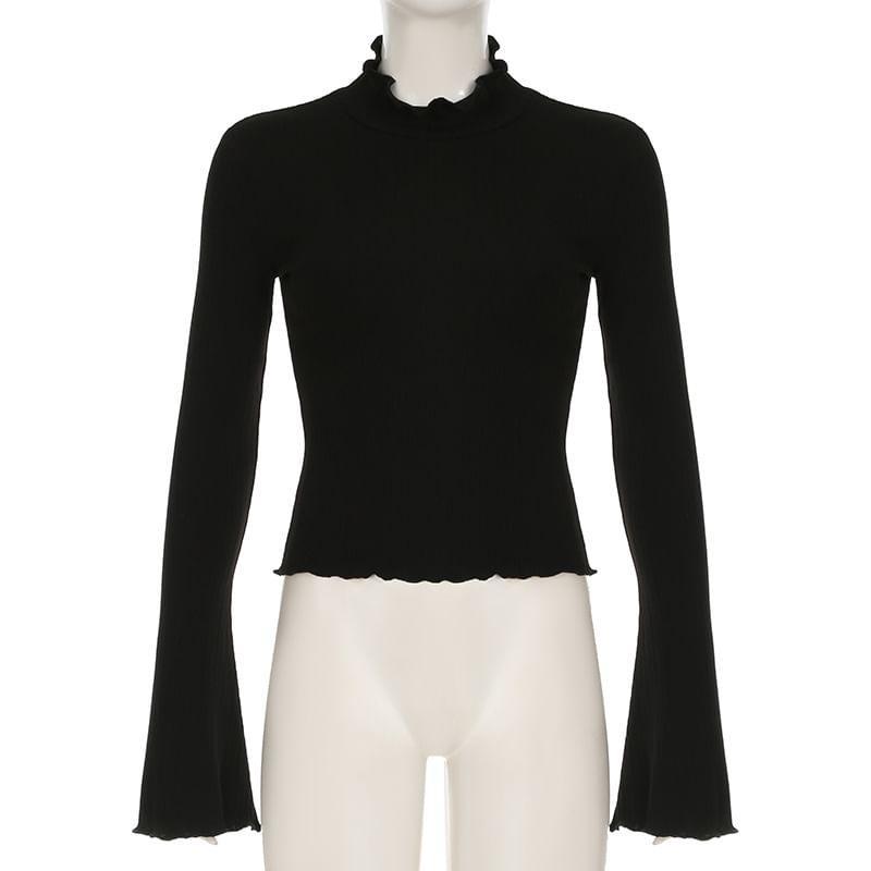 Long Sleeve Mock Neck Plain Ruffle Trim Ribbed Knit Crop Top Product Image