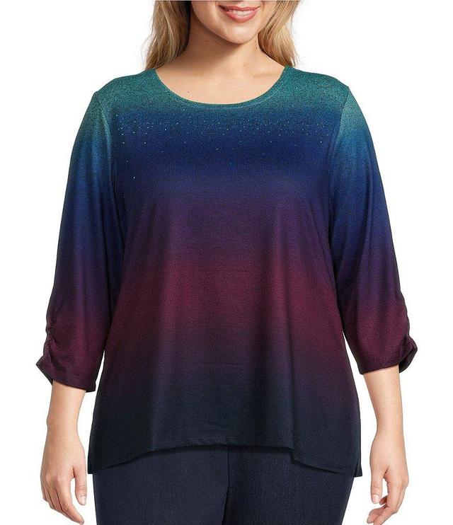 Allison Daley Plus Size Ombre Print Embellished 3/4 Ruched Sleeve Crew Neck Abstract Tee Product Image