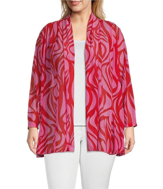 Calessa Plus Size Animal Swirl Print Knit Mesh Shawl Neck Wrist Length Sleeve Cardigan Product Image