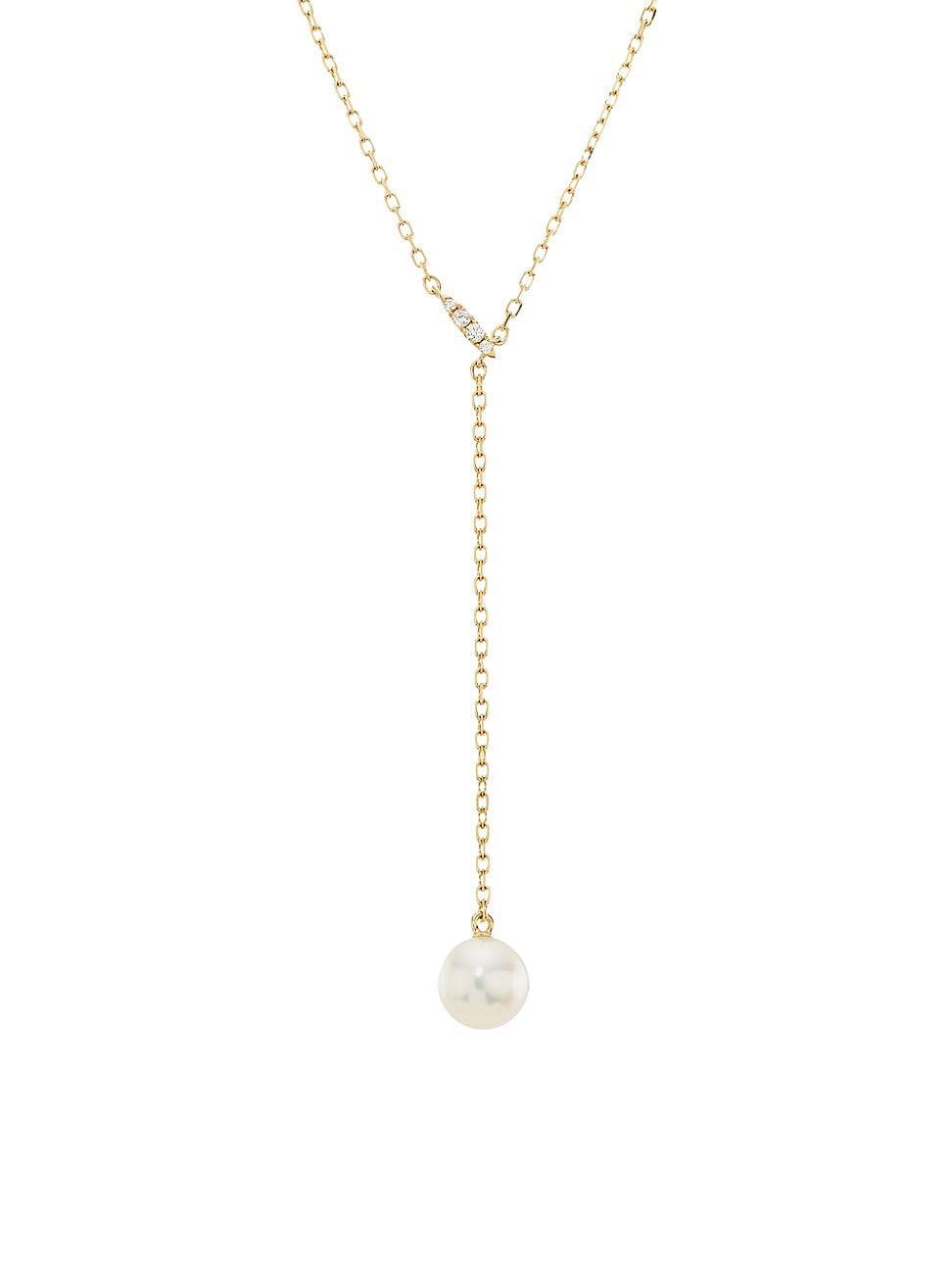 Womens Classic 18K Yellow Gold, Akoya Pearl & 0.03 TCW Diamond Y Necklace Product Image