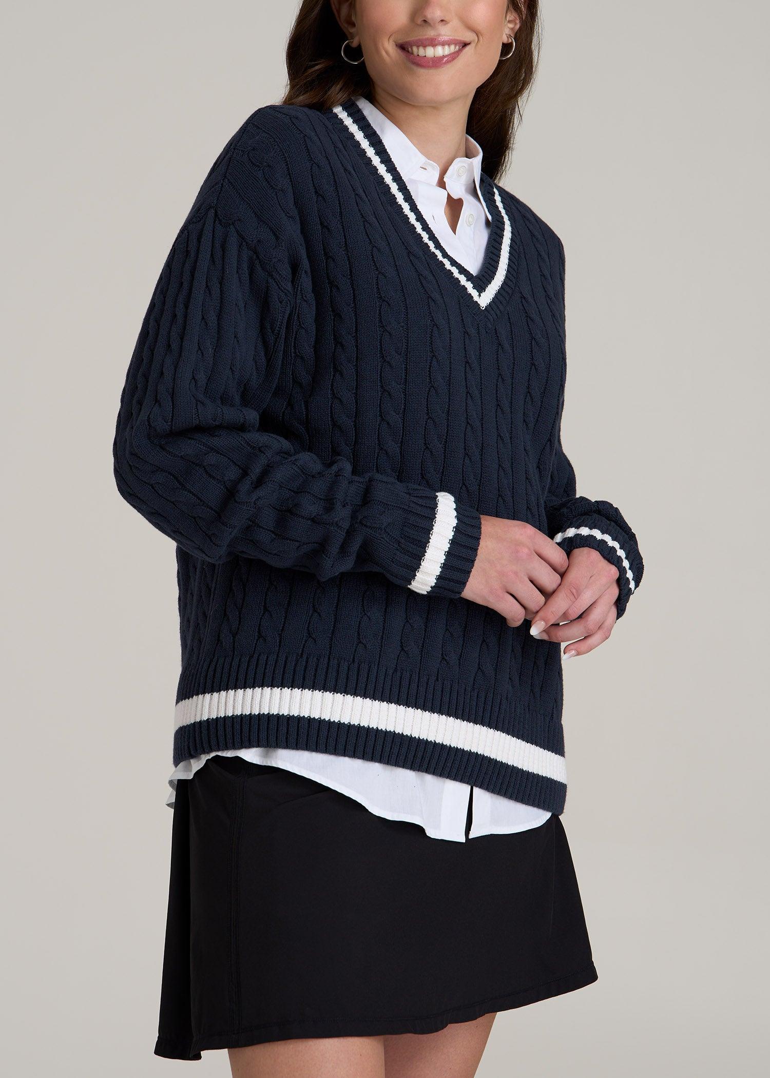 V-Neck Collegiate Sweater for Tall Women in Navy and Bright White Female Product Image