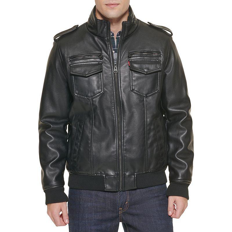 Mens Levis Faux-Leather Sherpa-Lined Aviator Bomber Jacket Black Product Image