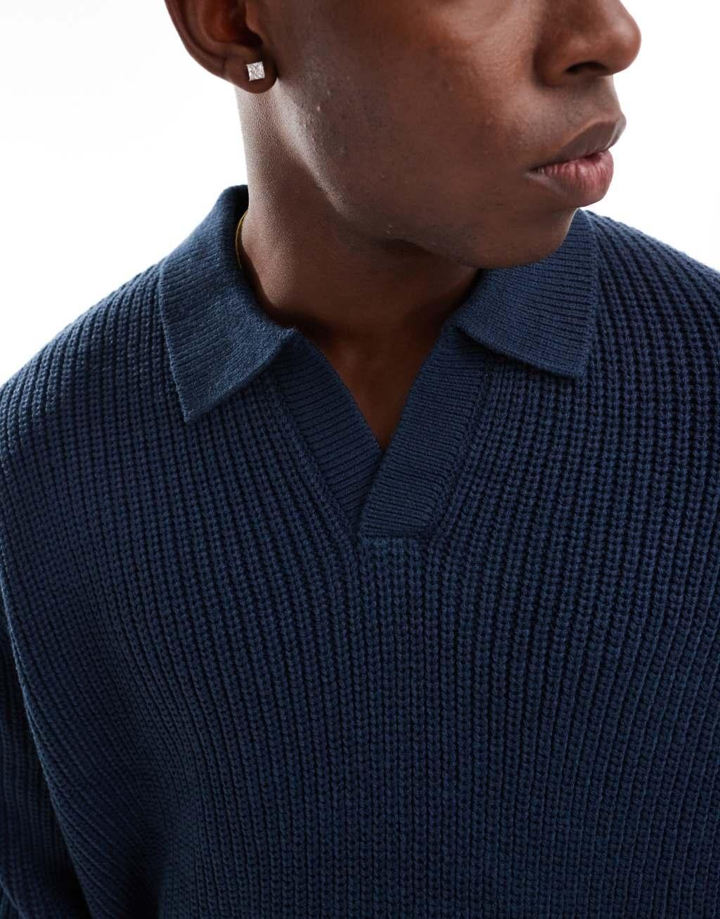 ASOS DESIGN oversized fisherman rib knit notch neck sweater in navy Product Image