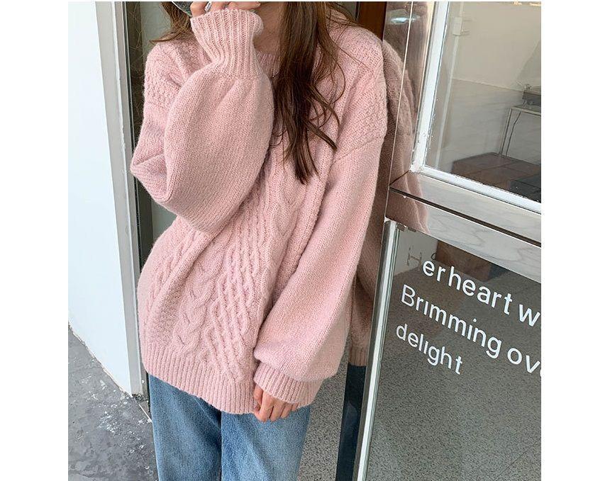 Long-Sleeve Plain Cable Knit Sweater Product Image