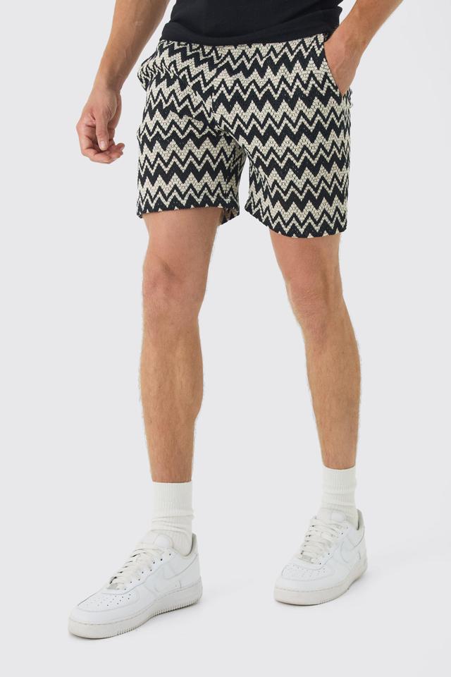 Mens Black Elasticated Waist Zig Zag Crochet Shorts, Black Product Image