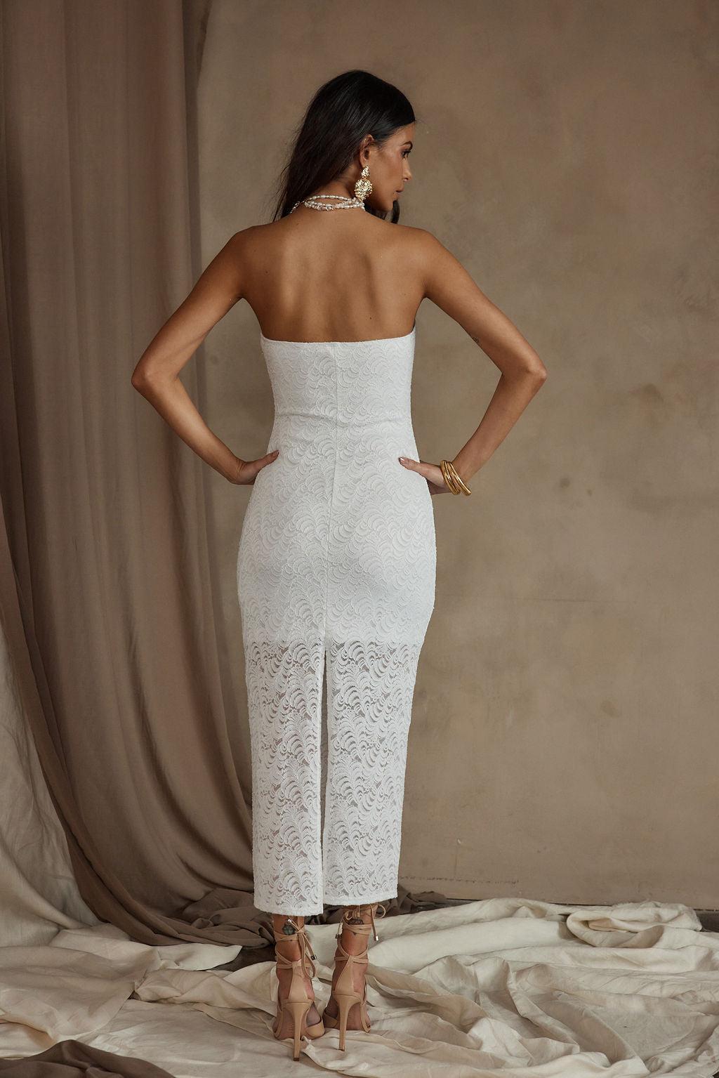 Reagan Strapless White Lace Midi Dress Product Image