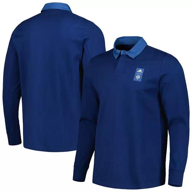 Mens adidas 2023 Player Seattle Sounders FC Travel Long Sleeve Polo Blue Product Image