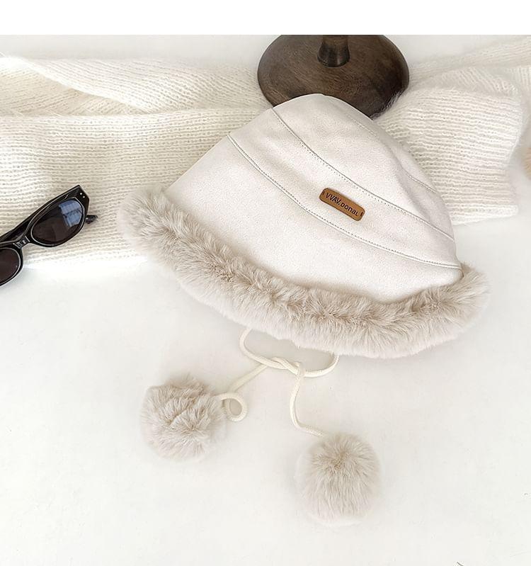 Faux Fur Pom Pom Faux Suede Bucket Hat Product Image