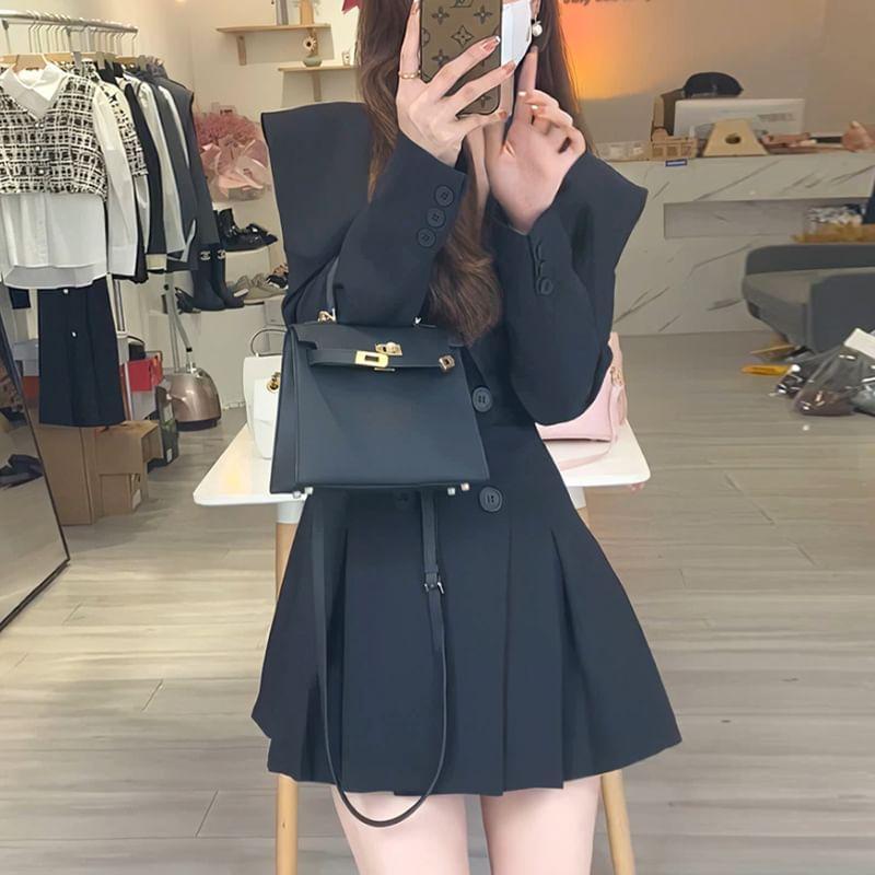 Long-Sleeve Lapel Collared Plain Double Breasted Pleated Mini A-Line Dress Product Image