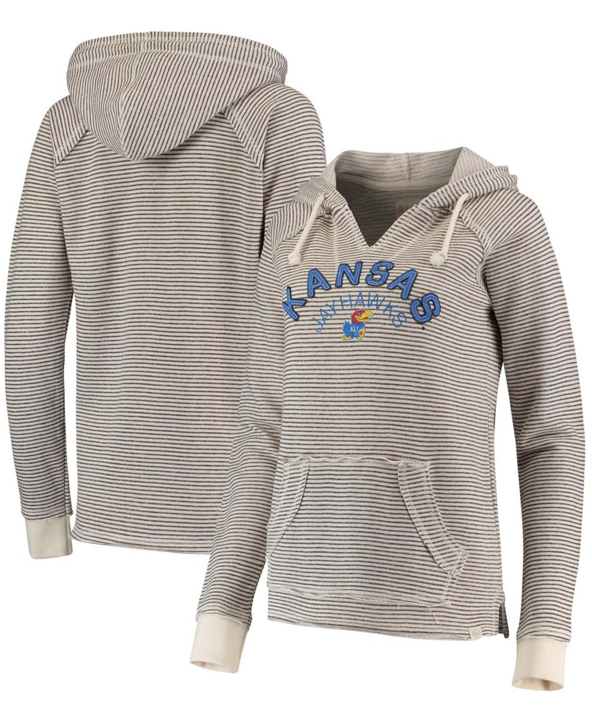 Womens Blue 84 Cream Kansas Jayhawks Striped French Terry V-Neck Pullover Hoodie Beige Over Product Image