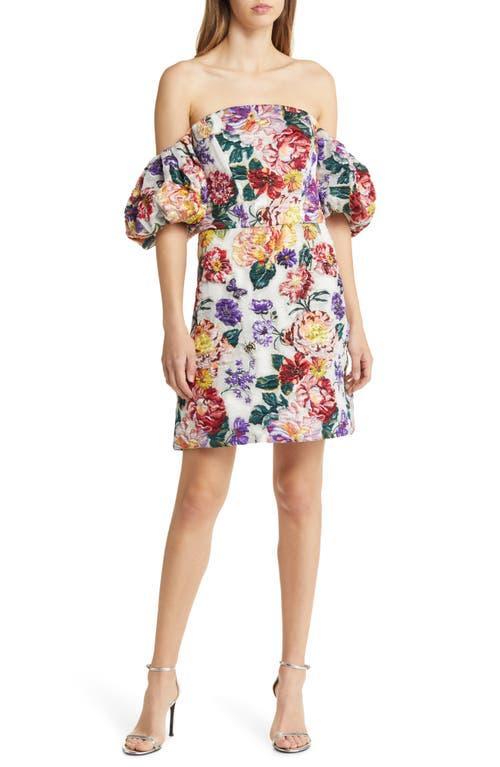 Marchesa Notte Floral Puff Sleeve Fil Coup Cocktail Dress Product Image