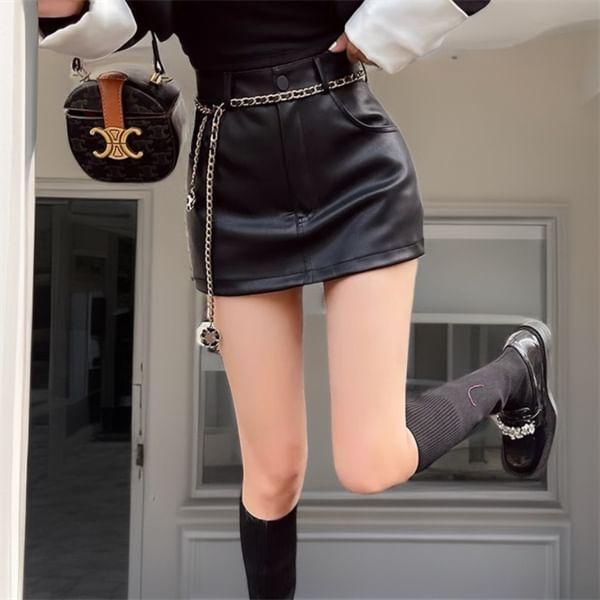 High Waist Plain Faux Leather Mini Skirt Product Image