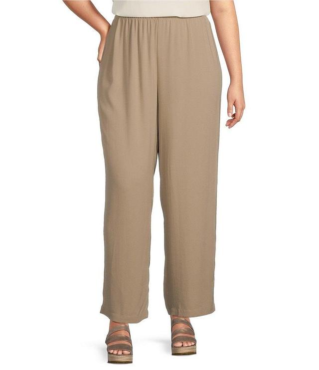 Eileen Fisher Plus Size Silk Georgette Crepe Elastic Waisted Wide-Leg Pull-On Ankle Pants Product Image