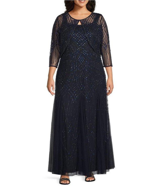 Pisarro Nights Plus Size Beaded Mesh Square Neck 2-Piece Long Jacket Dress Product Image