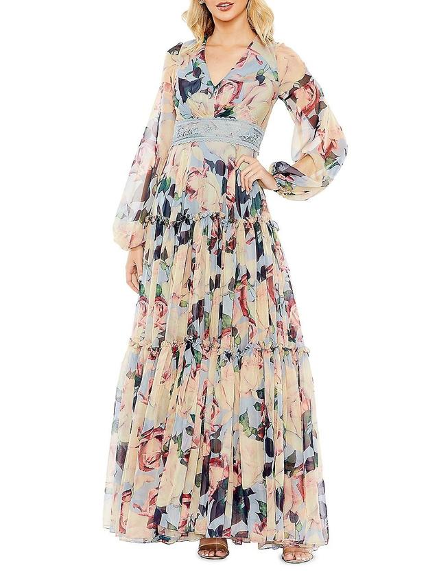 Womens Floral Chiffon Puff-Sleeve Gown Product Image