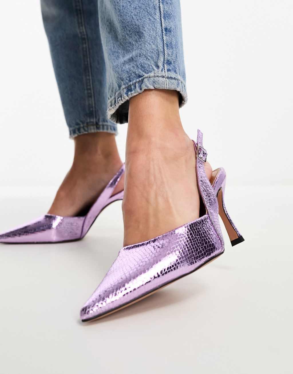 ASOS DESIGN Wide Fit Samber slingback stiletto heels in lilac metallic Product Image