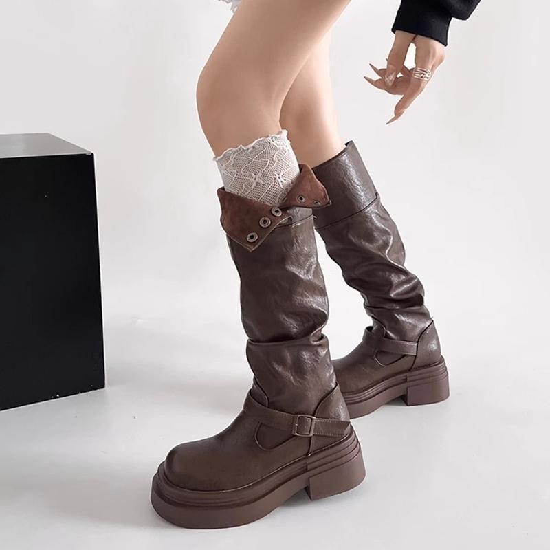 Platform Buckled Button Knee High Boots Product Image