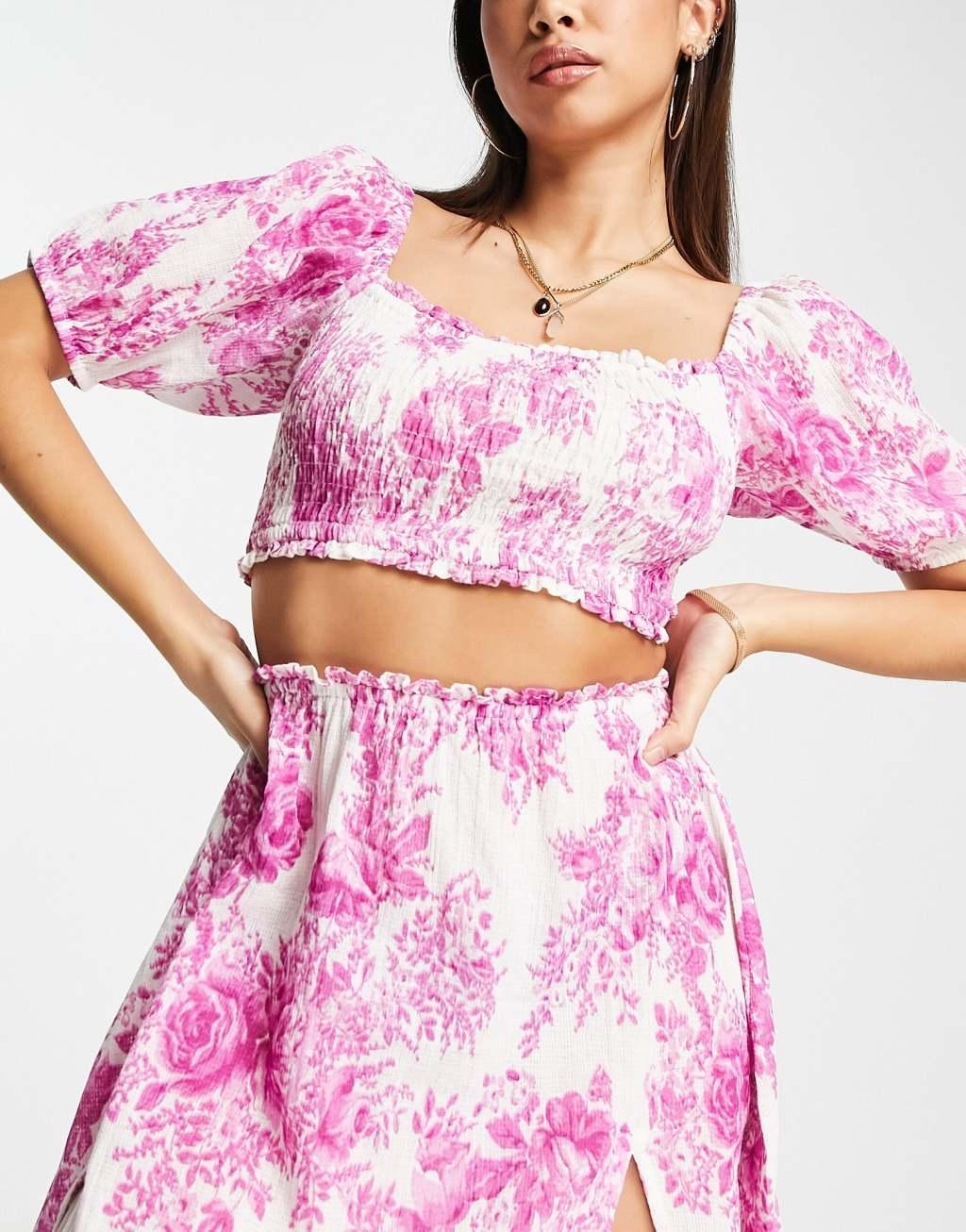 ASOS DESIGN milkmaid beach crop top in purple floral - part of a set  Product Image