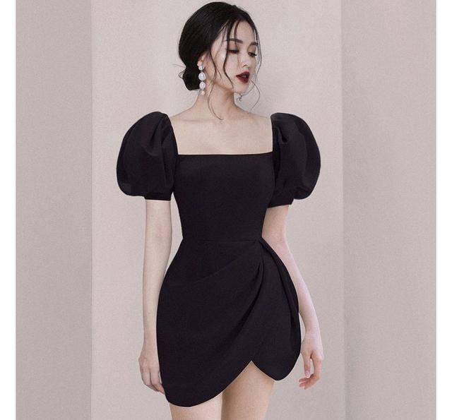 Puff-Sleeve Square Neck Plain Asymmetrical Mini Sheath Dress Product Image