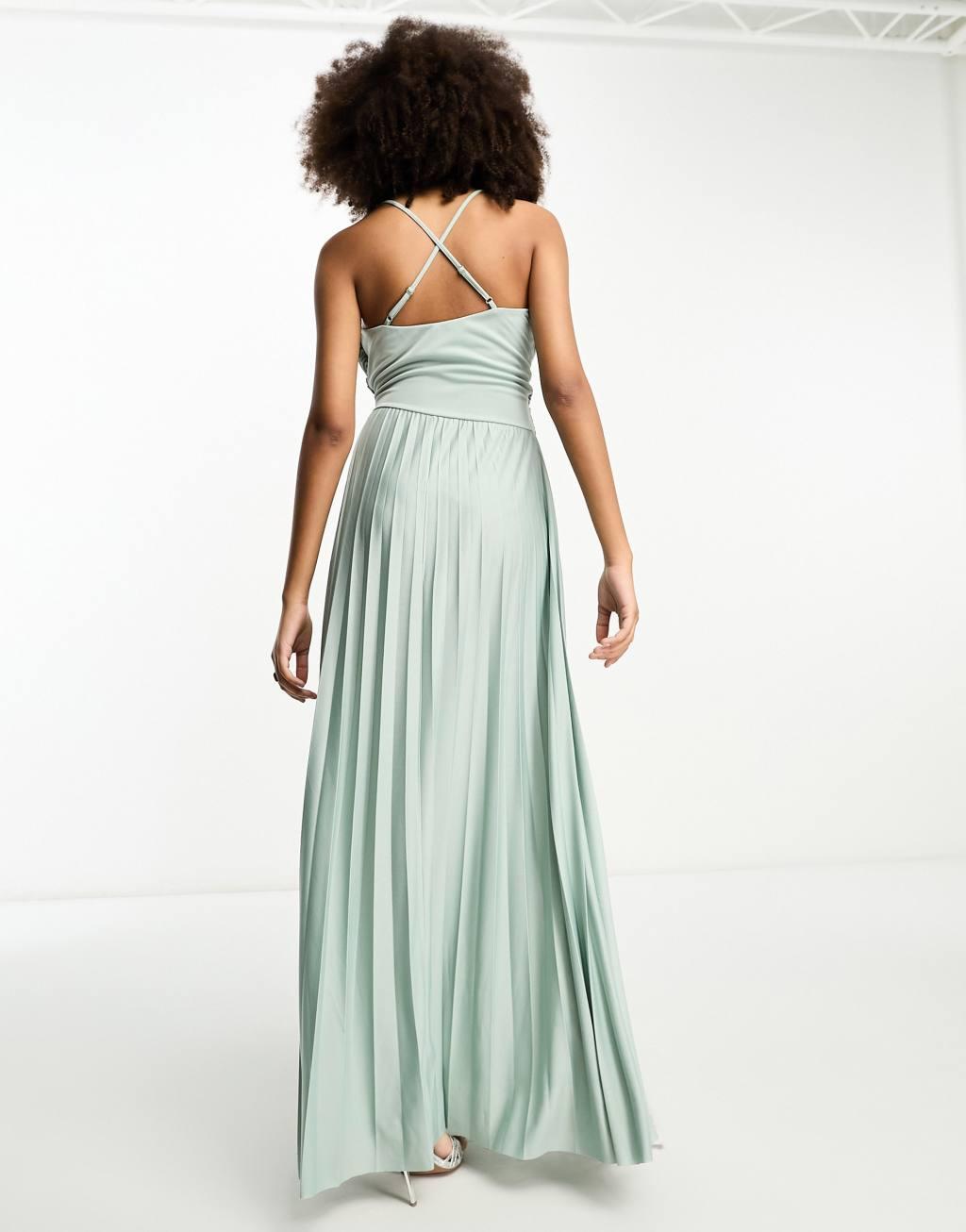 ASOS DESIGN cami asymmetric waist pleated maxi dress with high split in sage Product Image