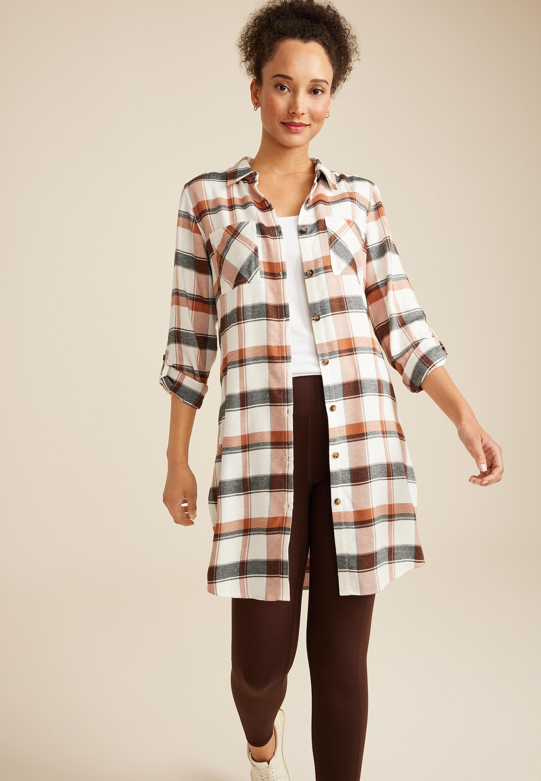 Plaid Button Down Duster Shirt Product Image