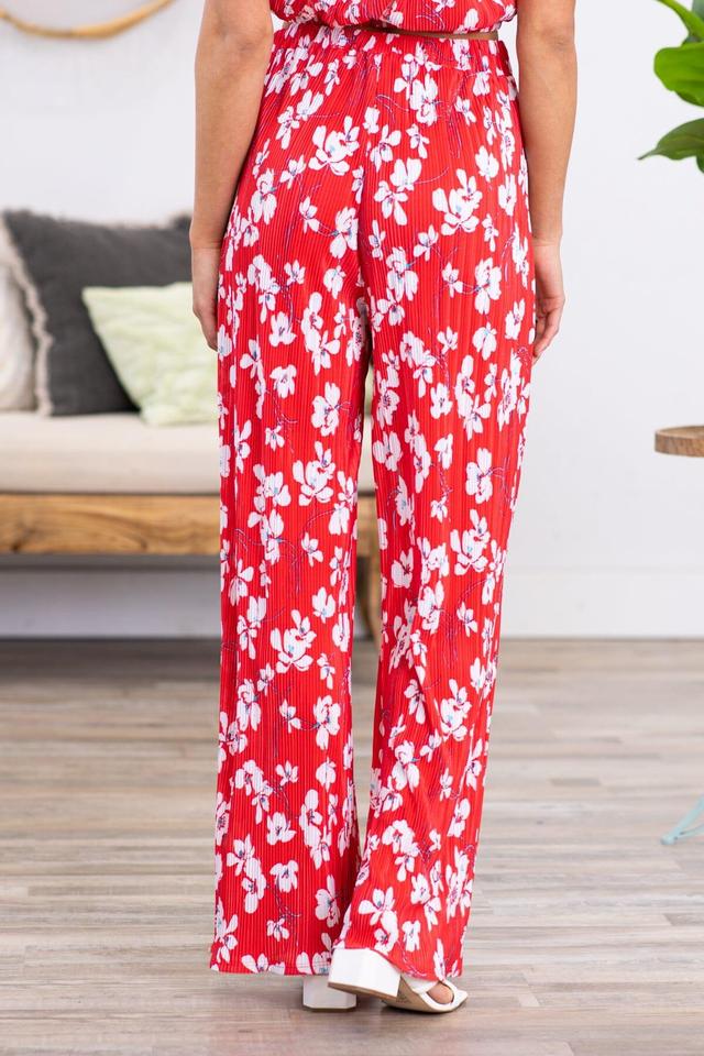 Red Crystal Pleat Floral Print Wide Leg Pants Product Image