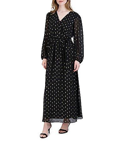 Robbie Bee Long Sleeve V-Neck Polka Dot Chiffon Faux Wrap Dress Product Image