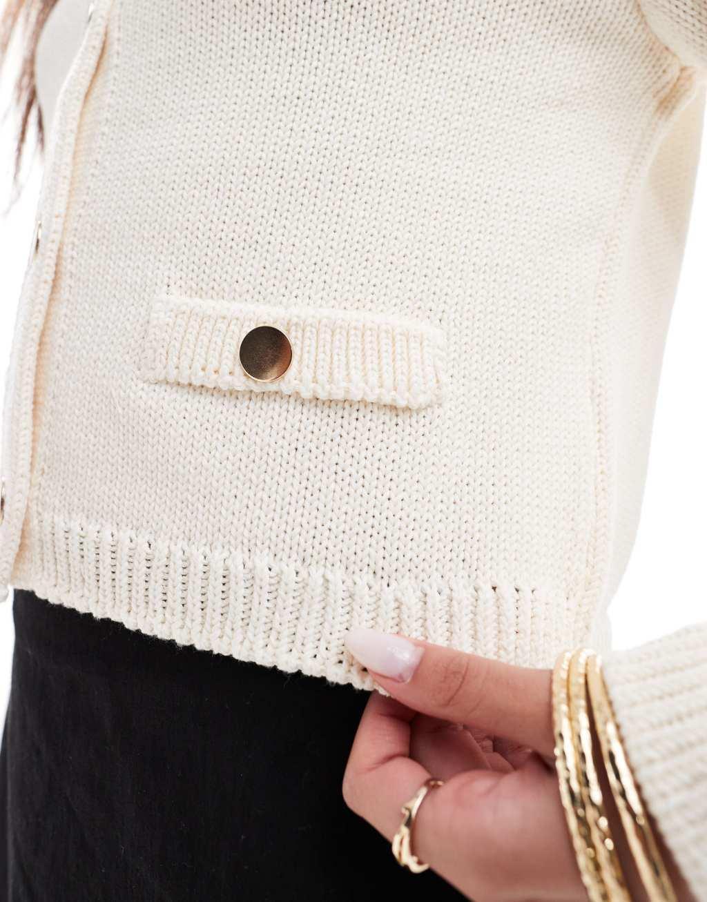 ASOS DESIGN crew neck cardigan with pocket detail in cream Product Image