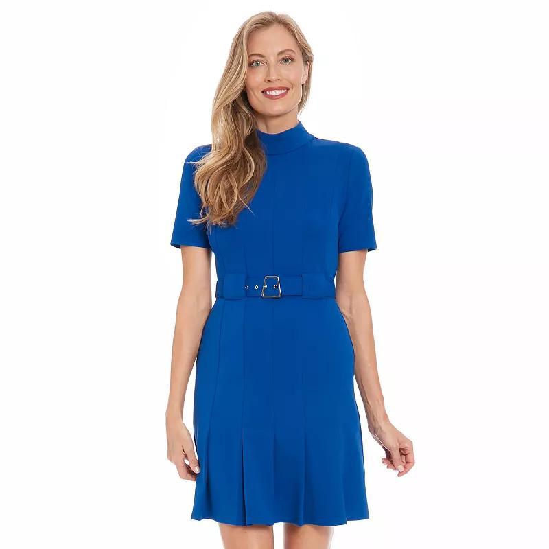 Womens London Times Mock Neck Belted Pleated Dress Blue Product Image