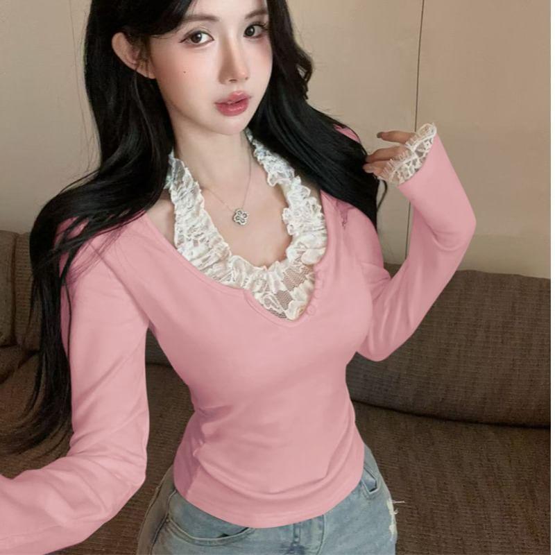 Long Sleeve Halter Plain Mock Two Piece Panel Lace Top Product Image