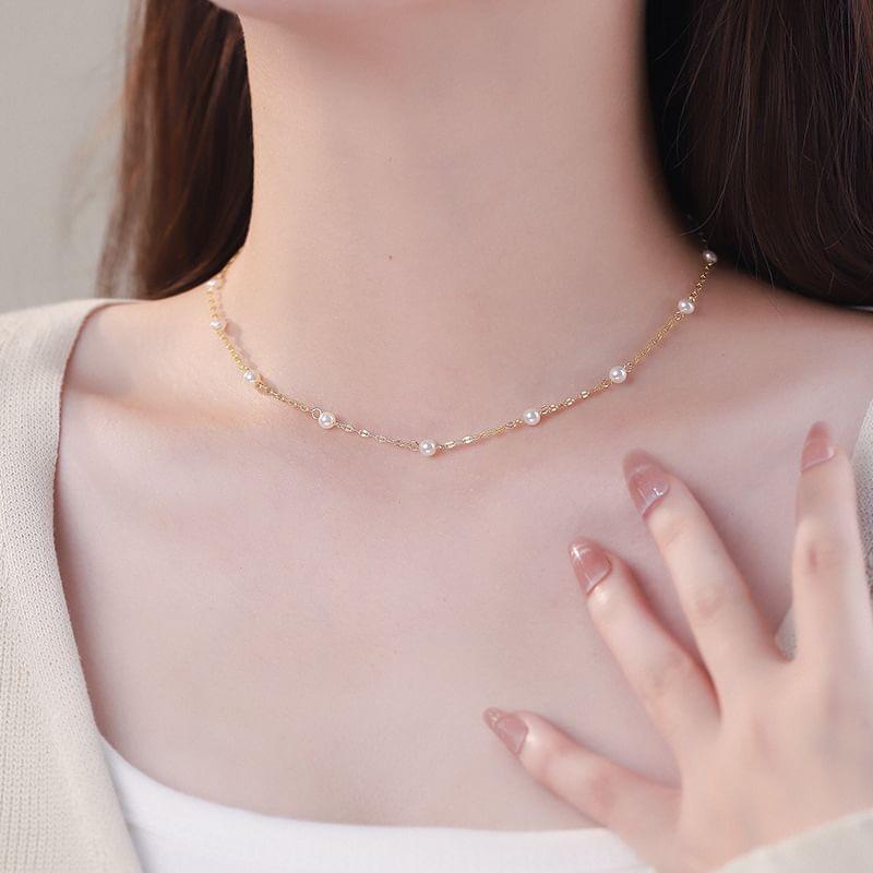 925 Sterling Silver Faux Pearl Necklace Product Image