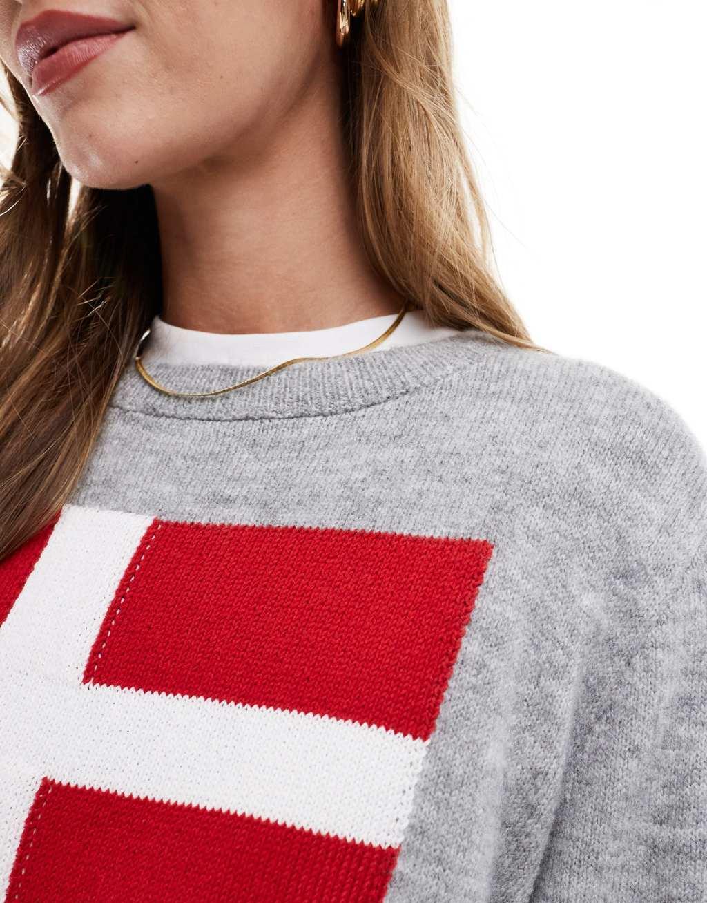 ASOS DESIGN knit sweater with flag graphic in gray Product Image