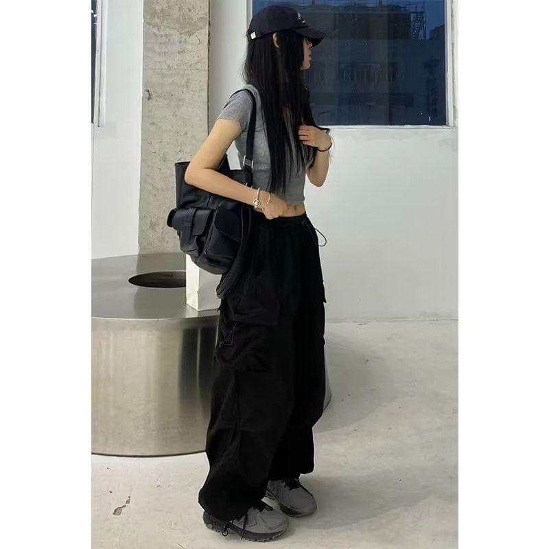 Mid Waist Plain Drawstring Cargo Baggy Pants Product Image