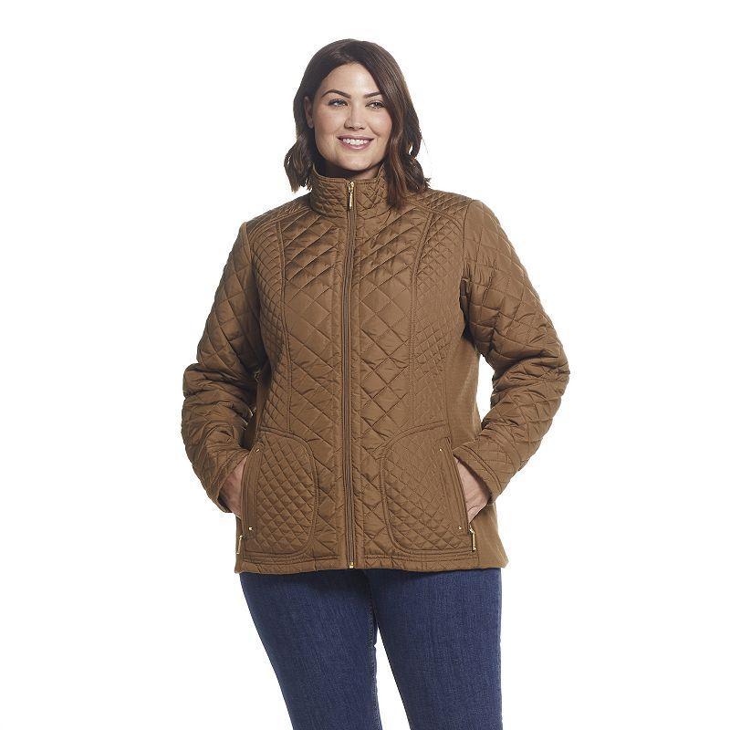 Plus Size Weathercast Quilted Moto Jacket, Womens Dark Beige Product Image