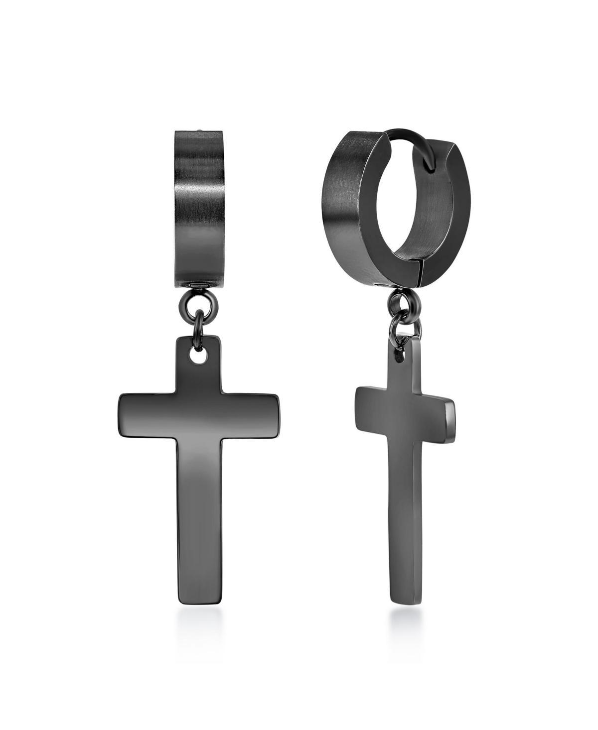 Mens Stainless Steel Cross Charm Polished Huggie Hoop Earrings Product Image