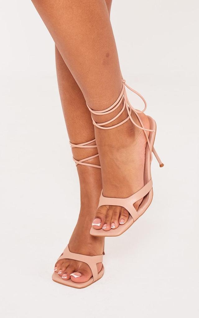 Nude Pu Square Toe Cut Out Strap Lace Up Heeled Sandals Product Image