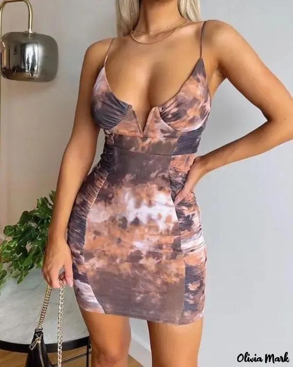 Olivia Mark – Tie-Dye Print V-Cut Ruched Bodycon Dress Product Image