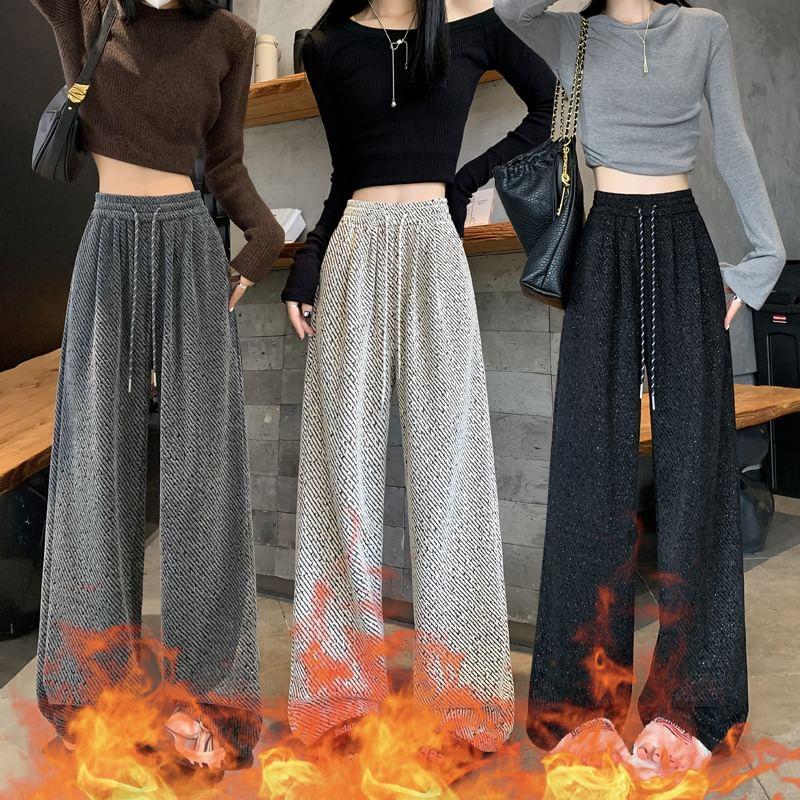 Drawstring Waist Glitter Fleece-Lined Wide Leg Pants Product Image