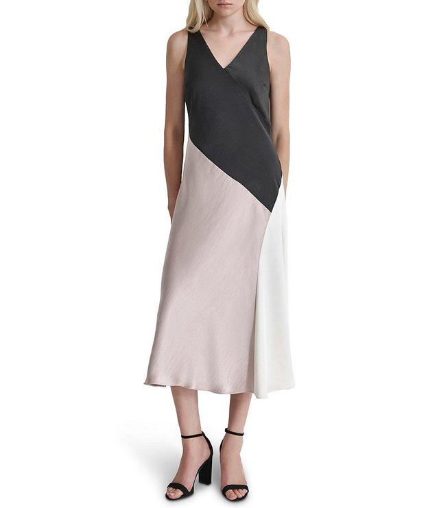 DKNY by Donna Karan Woven Color Block V-Neck Sleeveless Chemise Dress Product Image