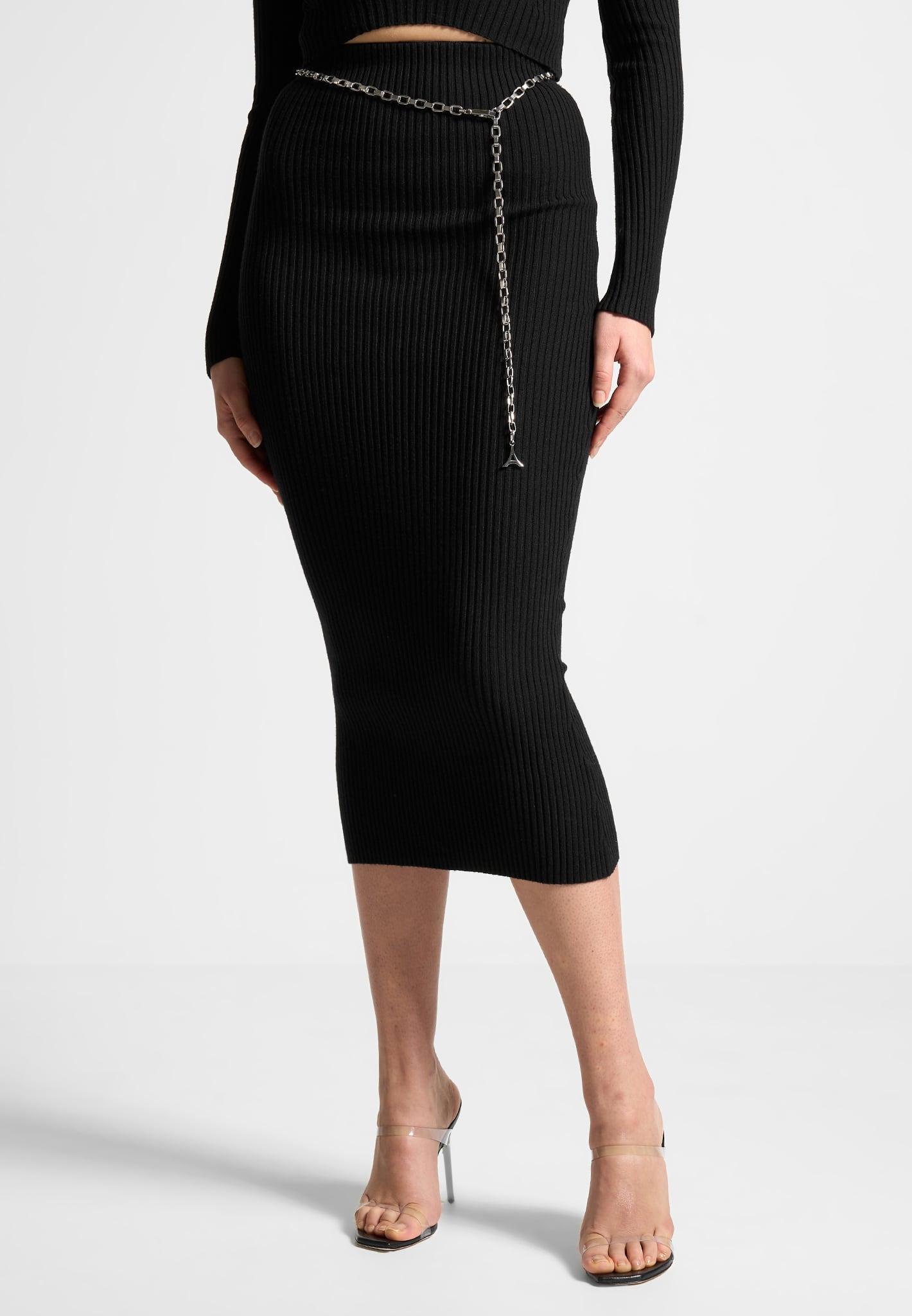 Ribbed Knit Midaxi Skirt with Chain Belt - Black Female Product Image