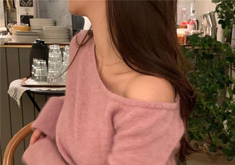 Long Sleeve Off Shoulder Plain Sweater Product Image