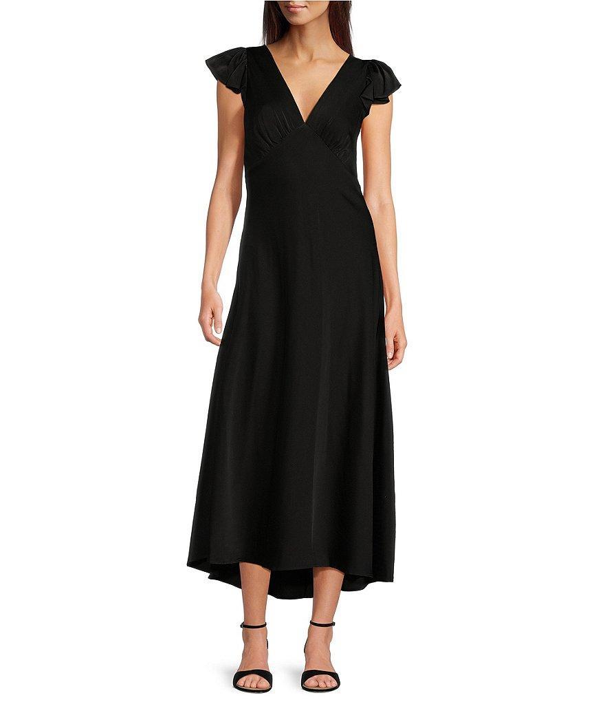 Calvin Klein Short Flutter Sleeve V-Neck Satin Maxi Dress Product Image