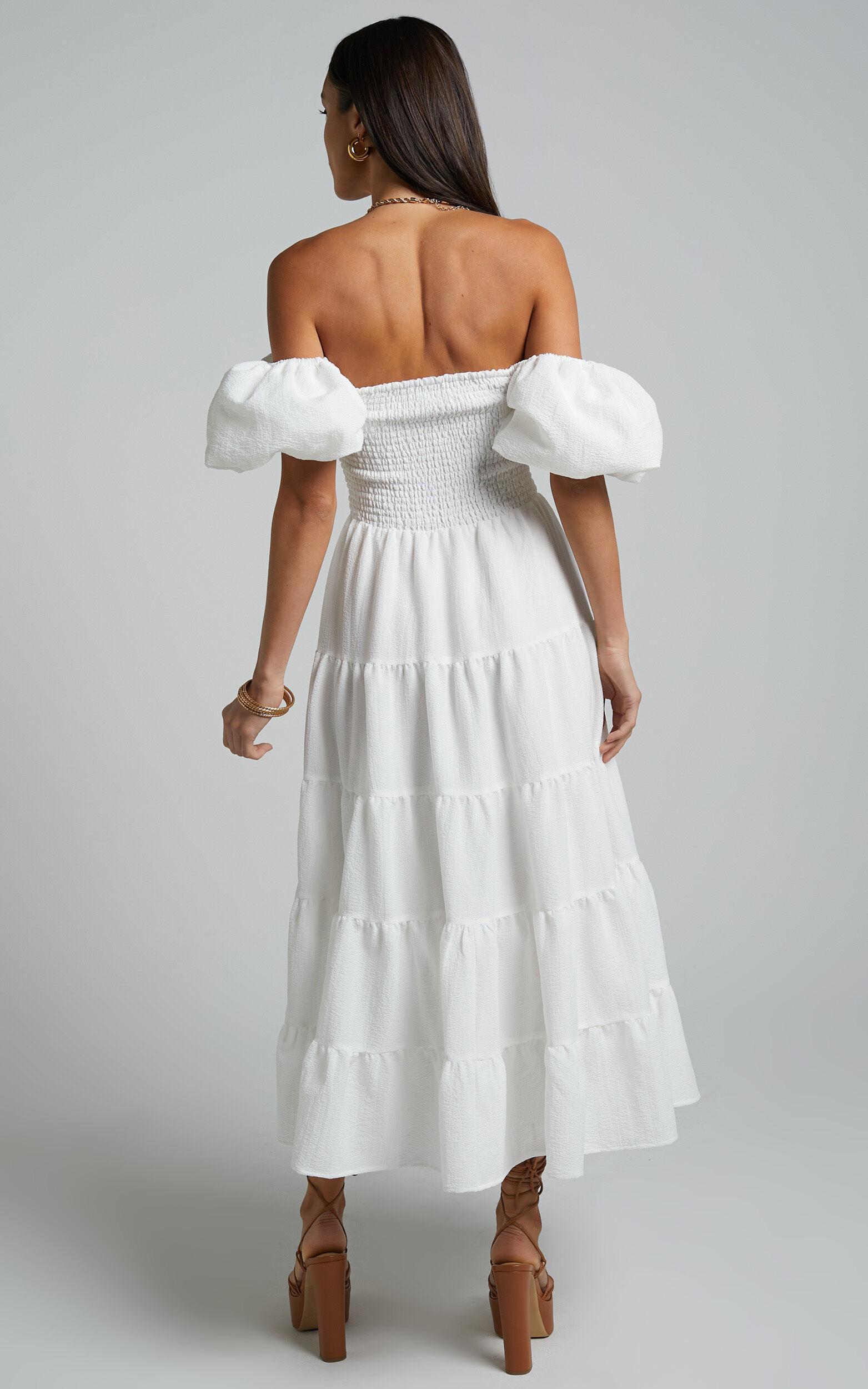 Maxima Midi Dress - Puff Sleeve Shirred Bodice Tiered Dress in White Product Image