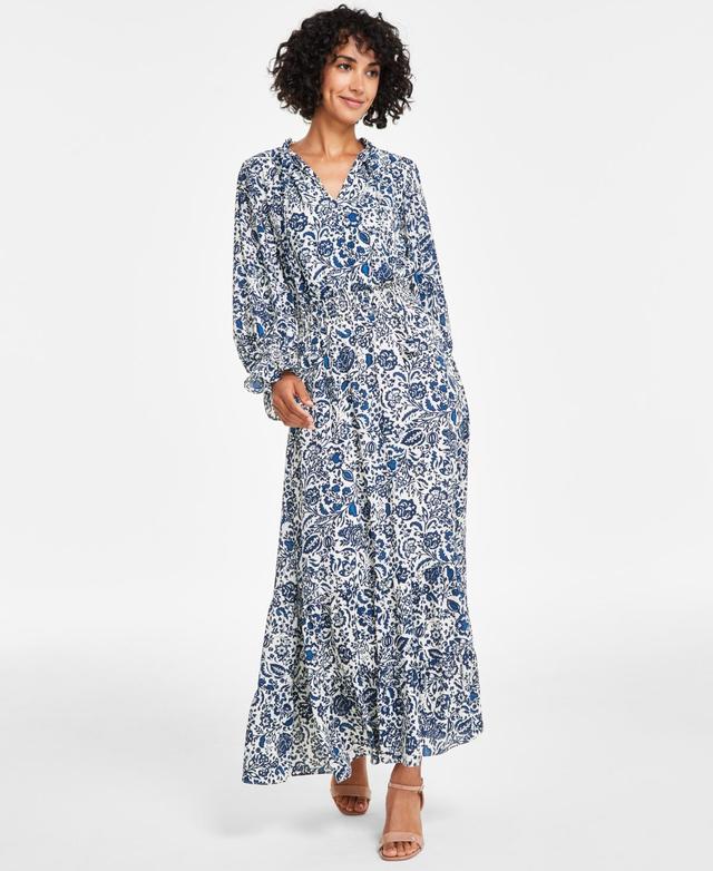 Vince Camuto Womens Printed Tie-Neck Smocked Maxi Dress Product Image