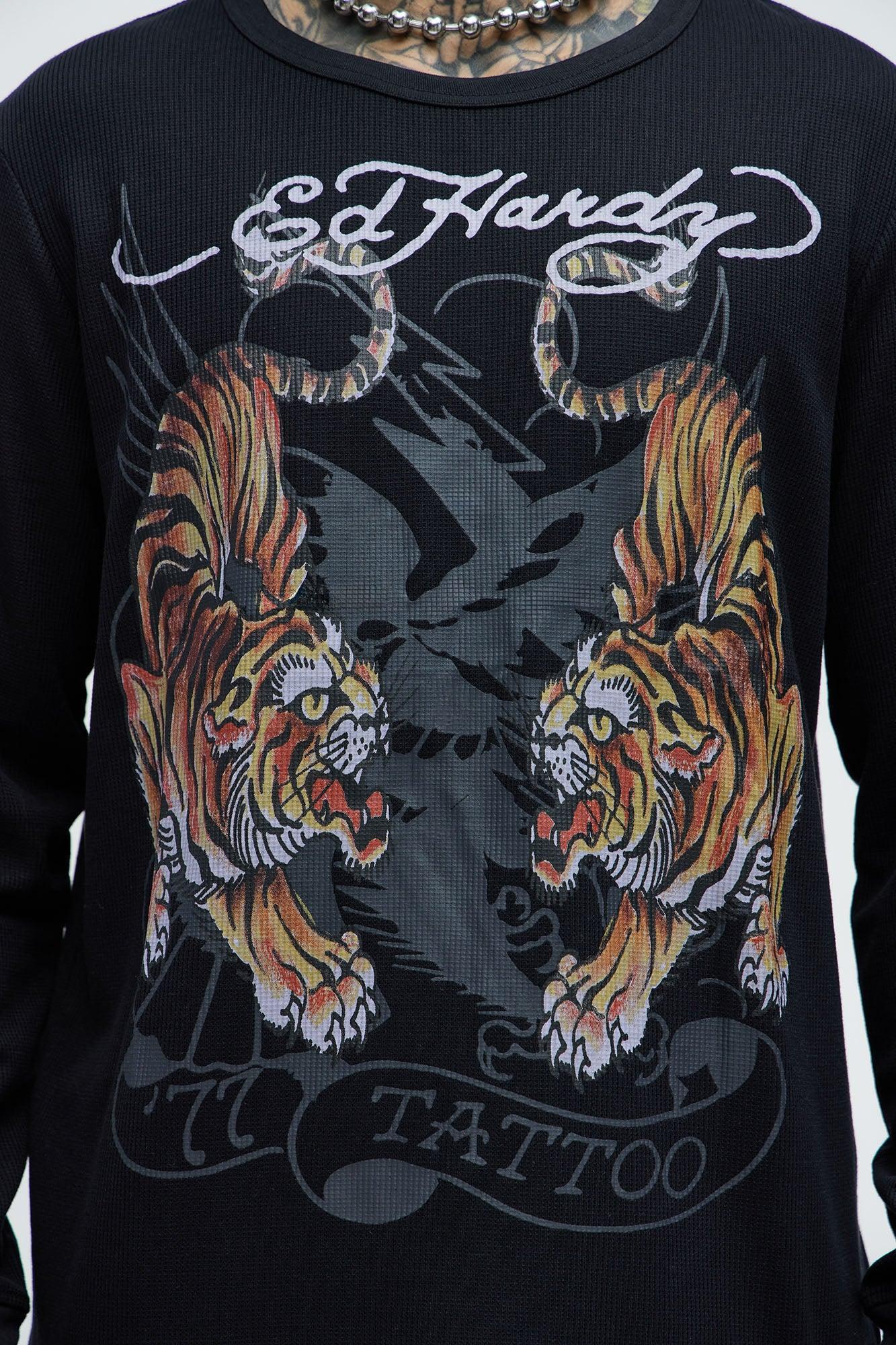 Ed Hardy Tiger Thermal Long Sleeve Tee - Black Product Image