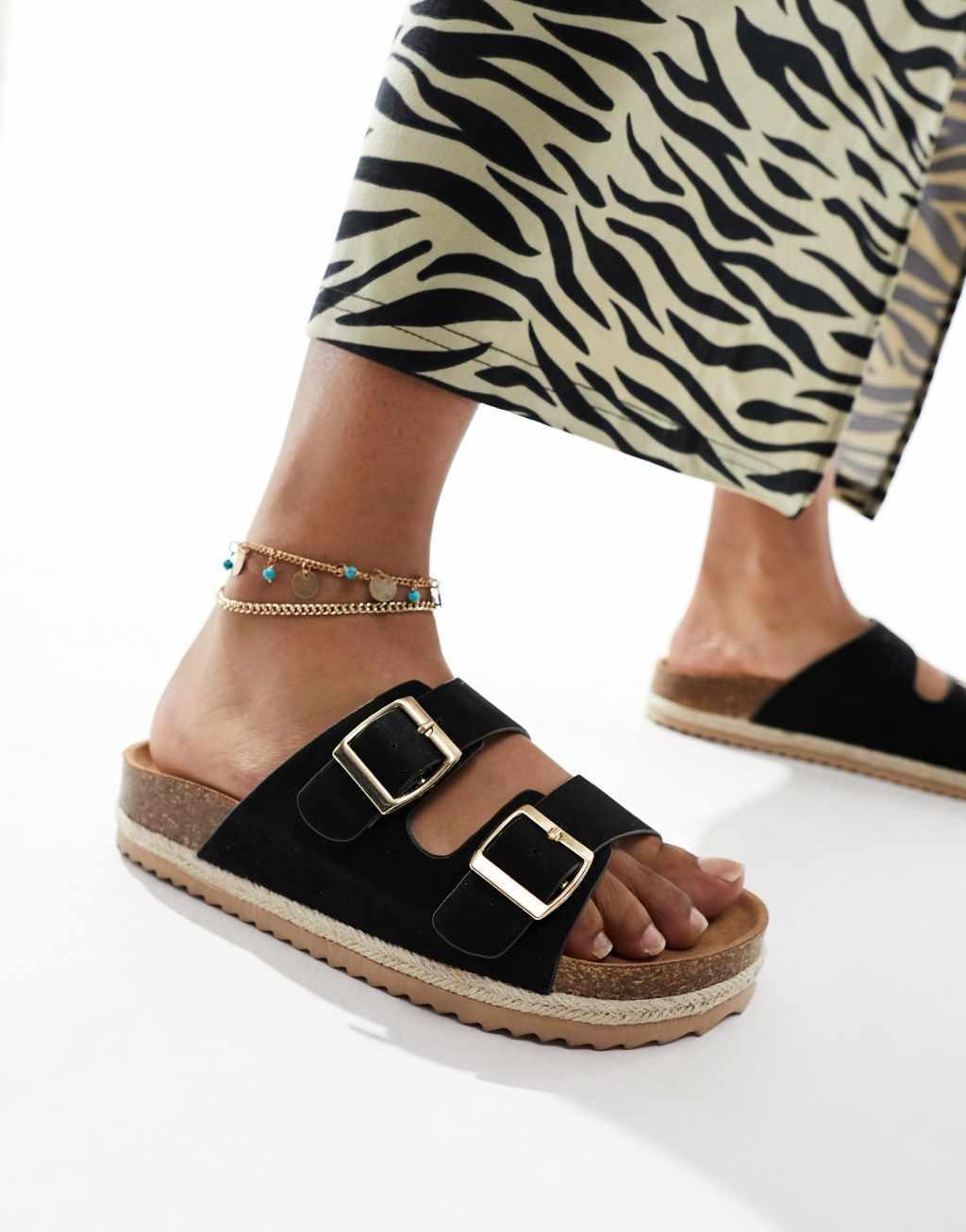 South Beach double buckle espadrille sandals in black textile Product Image