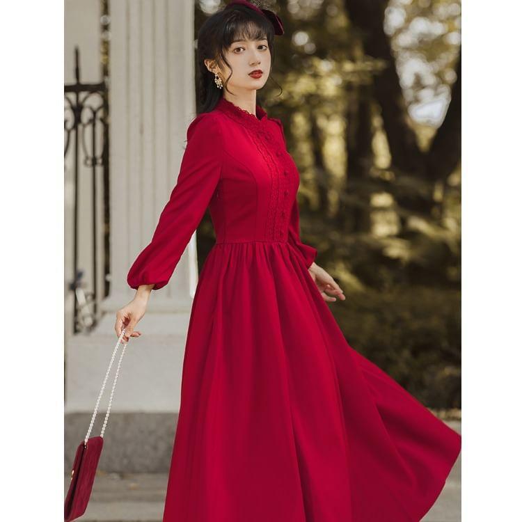 Long Sleeve Stand Collar Plain Button Panel Lace Maxi A-Line Dress Product Image