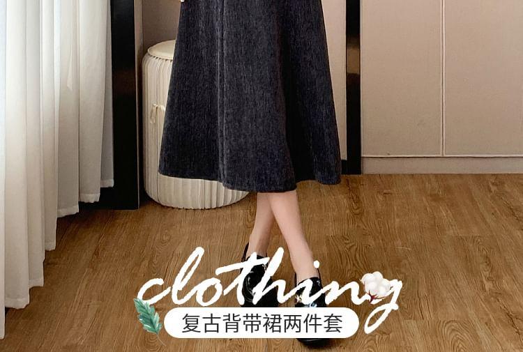 Set: Long-Sleeve Mock Neck Plain Tee + Midi A-Line Overall Dress Product Image