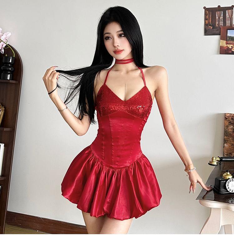 Halter Neck Corset Waist Sequin Mini A-Line Dress product image