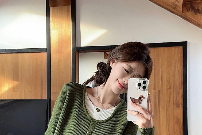 Mock Two-Piece Long-Sleeve Crew Neck Two Tone Ribbed Button Knit Top Product Image